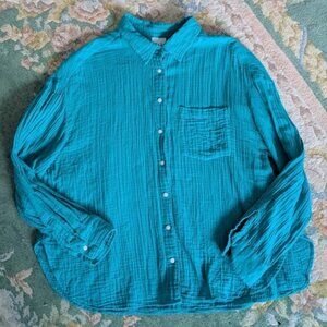 GAP Women Sz L Big Shirt Top Green Mirage 100% Cotton Gauze Oversized